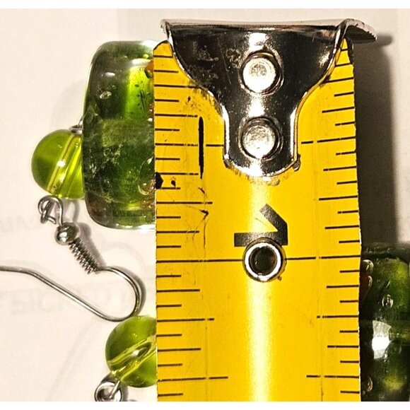 2 Vintage Earrings Hand Blown Art Glass Chunky Dangle With Hook Yellow & Green - Picture 10 of 11